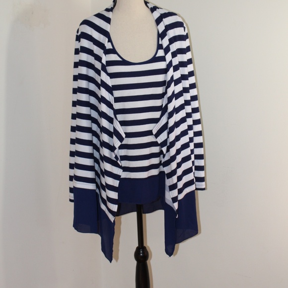 LIZ LANGE, Women’s Navy and White Striped Knit Cardigan ,Tank top & pants Set - Picture 4 of 9